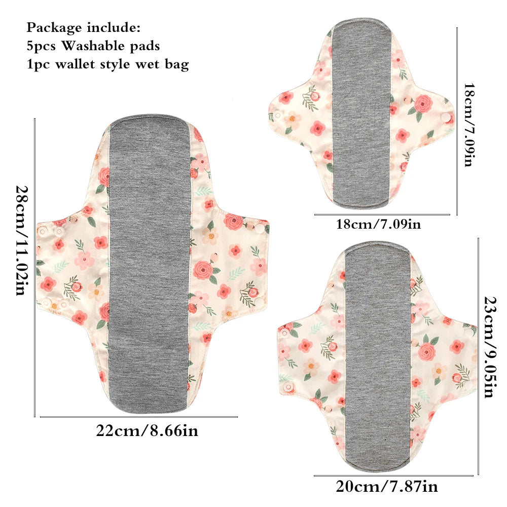 Serviettes hygiéniques antidérapantes, 5 pièces, doublure en graphène, tissu en coton, serviettes hygiéniques respirantes et lavables pour femmes, période avec sac humide
