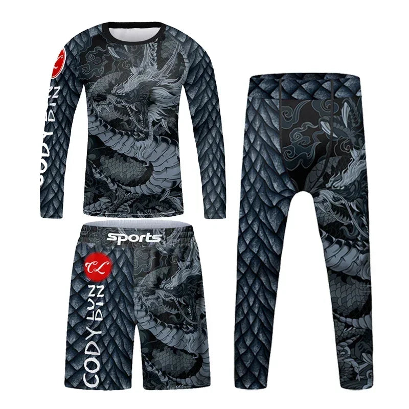 Vêtements de sport à compression pour enfants, survêtement de course pour garçons, ensemble t-shirt et pantalon Muay Thai, MMA BJJ Training Sportedly