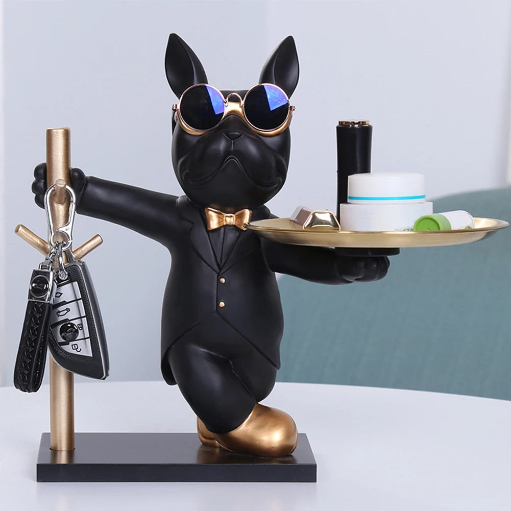 Sculpture de bouledogue français, Statue de chien, Figurine décorative, plateau de rangement en métal, pièce de monnaie, tirelire, clé d'entrée, porte-snack