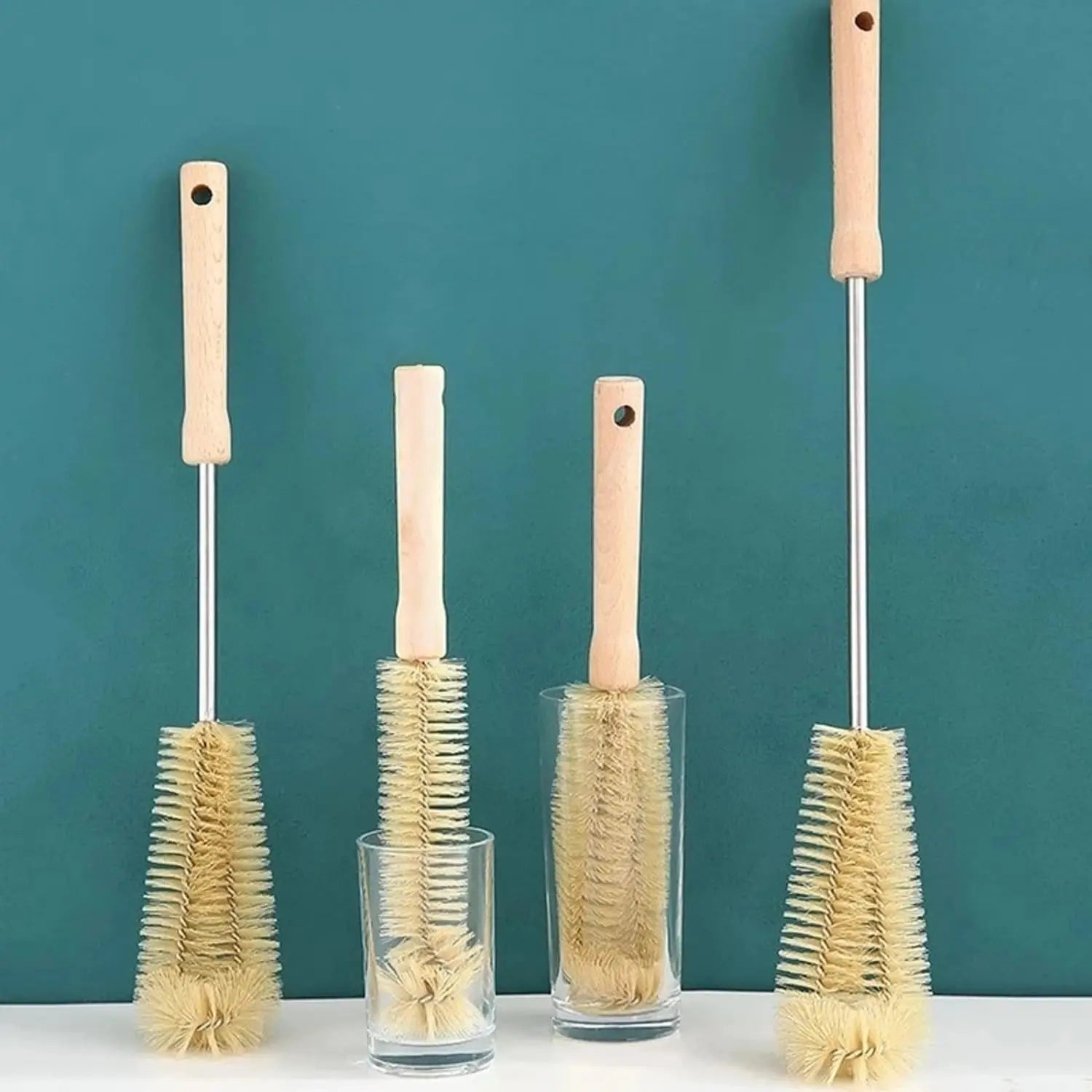 Nettoyeur de brosse de bouteille avec Long manche en bois, brosse de nettoyage de bouteille d'eau, poils naturels, brosse de bouteille de gommage de cuisine pour pichet de tasse