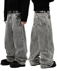 Retro 90s street-style embroidered jeans for men and women, R&amp;B, solid color, straight leg, women's, Y2K, Harajuku, Hip Hop, punk style