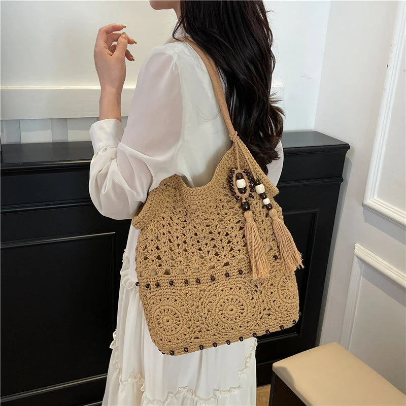 Sac à main tissé de grande capacité, sac à bandoulière ajouré, fourre-tout en Crochet, fourre-tout bohème tissé pour femmes, sacs de Shopping tricotés