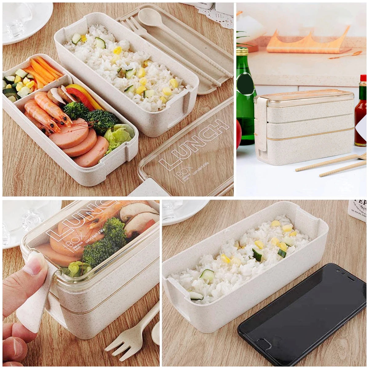 Boîte à Bento de 900ml pour enfants, 3 boîtes à déjeuner empilables, anti-fuite, récipient alimentaire Portable, paille de blé, boîte de stockage des aliments, lave-vaisselle