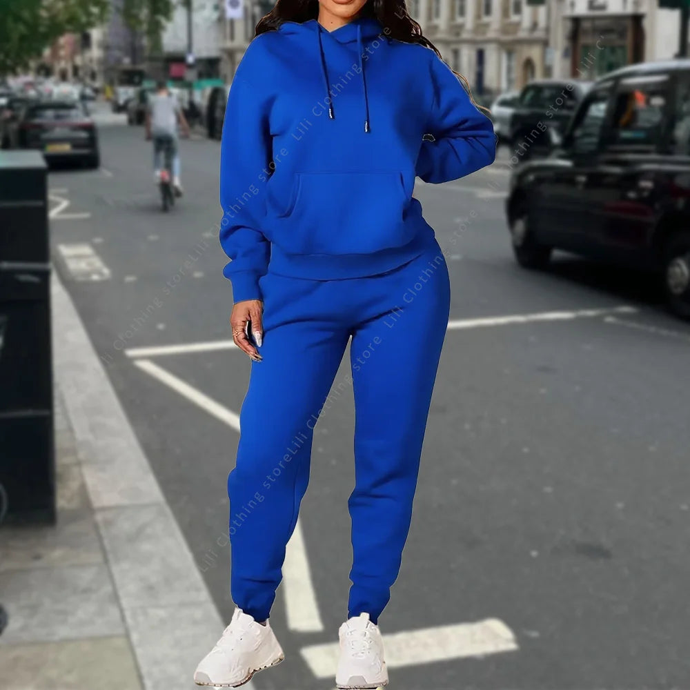 Ensemble deux pièces à capuche et pantalon pour femme, basique, vierge, automne-hiver, sweat-shirt surdimensionné, coupe ample, survêtement féminin