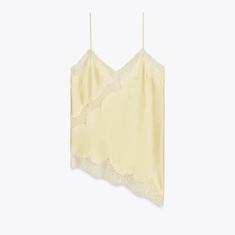 Été femmes haut à licou Satin dentelle épissé réservoir dos nu col profond Sexy gilet ourlet irrégulier robes 2025 dame vacances Sexy hauts