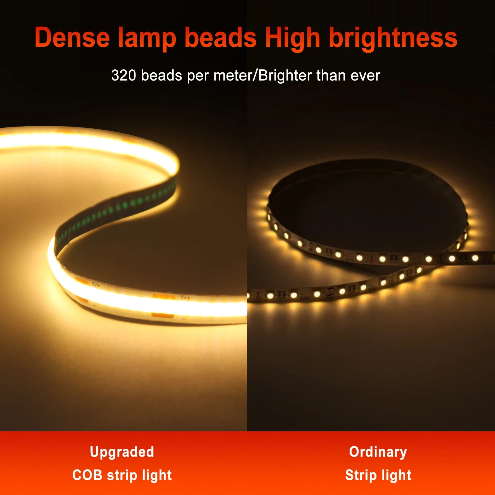 5V USB LED Strip Light, 320 LEDs/M COB, Dimmable Touch Sensor Switch/Push Switch, DIY, TV Mirror, Backlighting, Night Light for Room