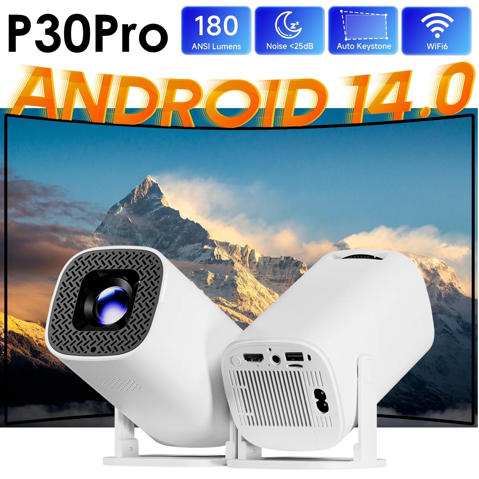 P30PRO Android 14 Mini projecteur intelligent prend en charge 4K HD vidéo WiFi 6 BT5.0 natif 720p Home cinéma projecteur Portable extérieur