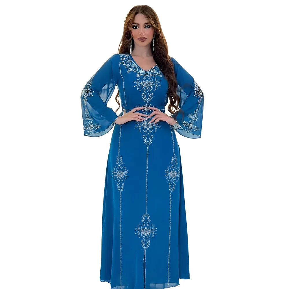 Eid Jalabiya - Women's Muslim Evening Dress, Diamond Lace-Up Arabic Abayas, Long Dresses, Elegant Dress, Educational Dress for Ramadan