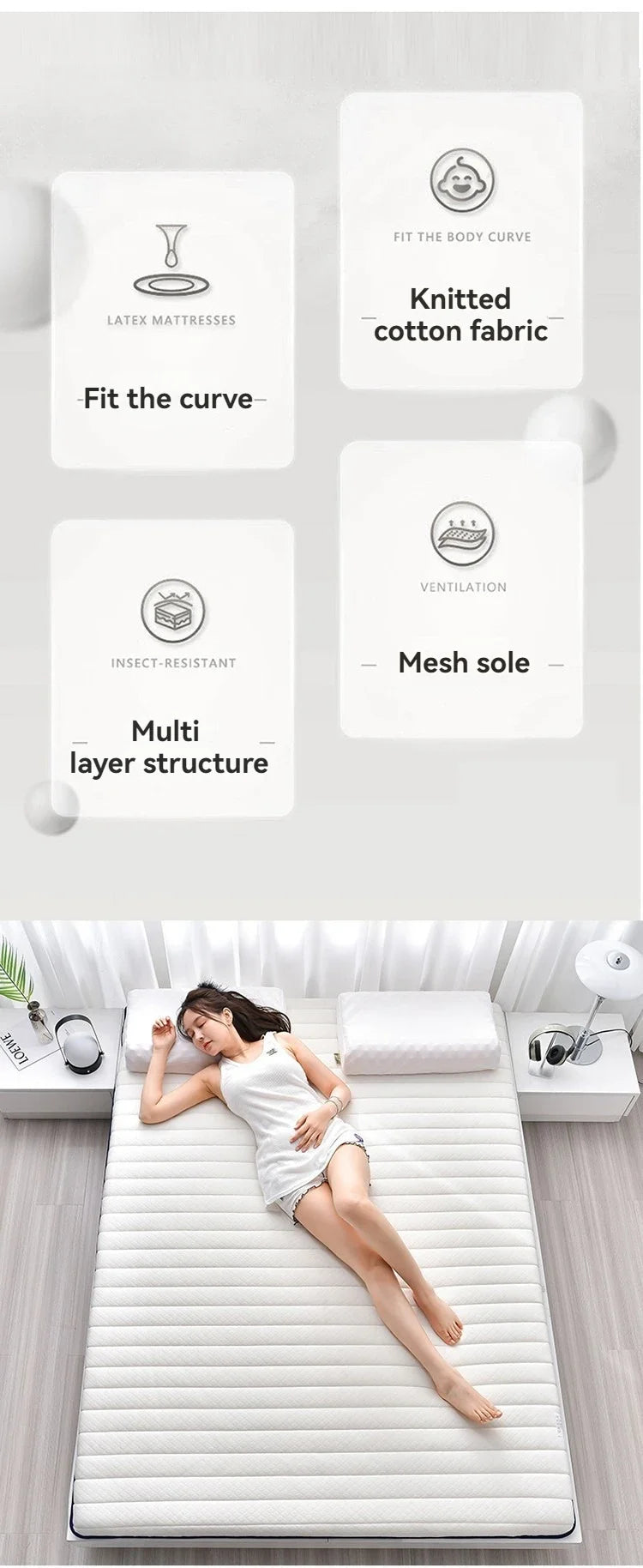 Coussin de matelas en latex, literie épaisse pour usage domestique, semelle pour usage simple ou double, coussin de matelas pliable en coton à mémoire de forme