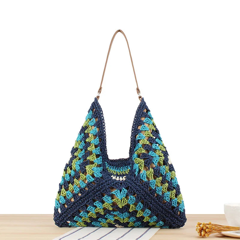 Sac à main d'été bohème tressé, fourre-tout décontracté, sac de plage en paille creuse, sac initié tissé, sac de voyage en raphia et rotin