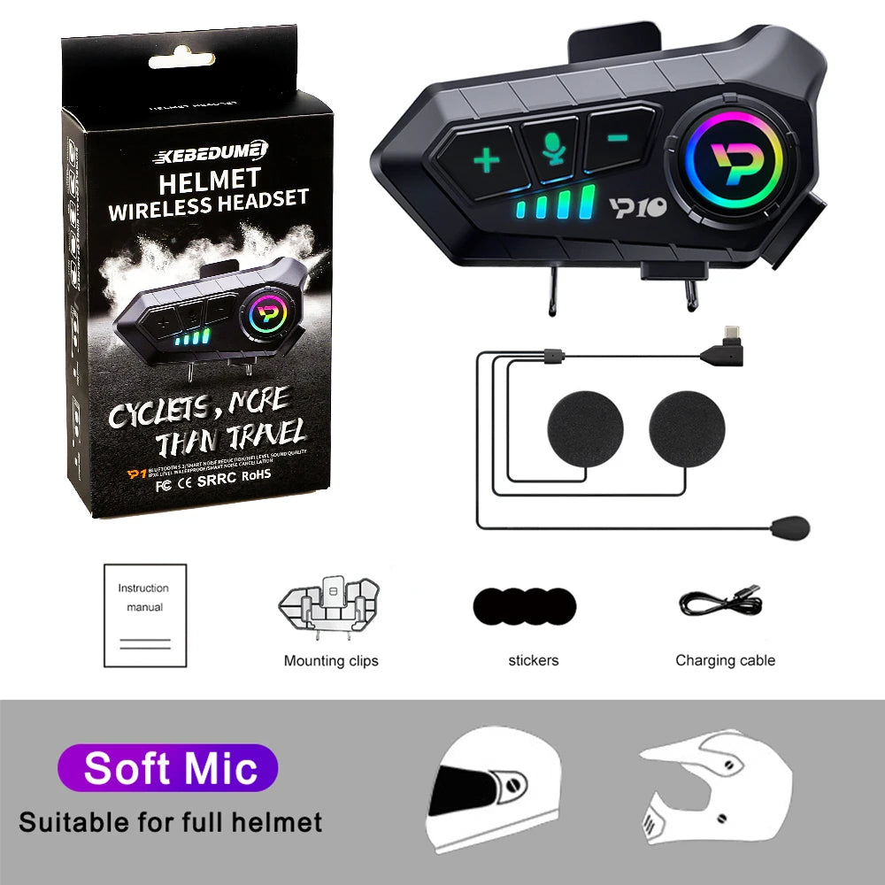 Casque de moto Bluetooth 5.3 sans fil, étanche IPX6, réduction du bruit, écouteur, 2000mAh, longue veille, mains libres