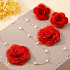 Ensemble de bijoux pour femmes, tissu élégant, fleur, Imitation de perles, collier, Bracelet, boucles d'oreilles, bijoux bohème pour usage quotidien et vacances
