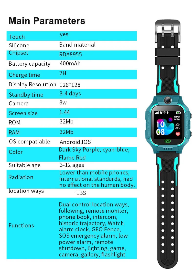 Q19B enfants montre intelligente SOS appel téléphonique localisation Tracker Anti-perte caméra écran tactile étanche étudiant montre-bracelet