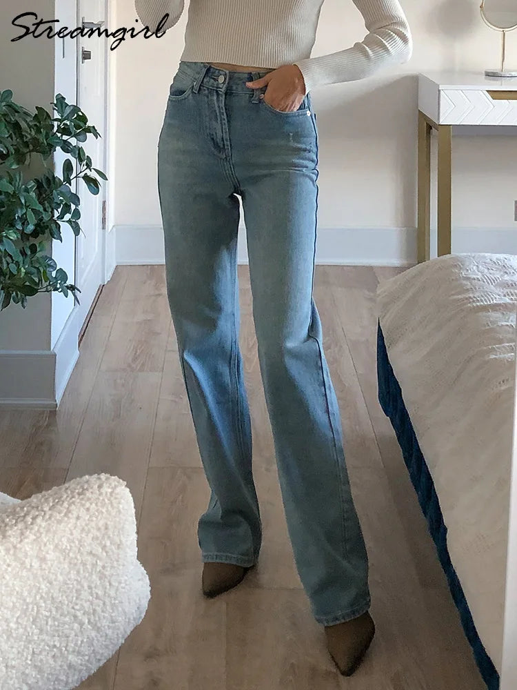 Jean bleu femmes taille haute 2025 ample décontracté petit ami jean Long pour le travail dames Simple jambe droite Denim pantalon pour les femmes