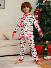 Ensemble pyjama de Noël pour enfants – Pyjama assorti rouge blanc à imprimé partout avec renne, arbre, « Joyeux Noël »