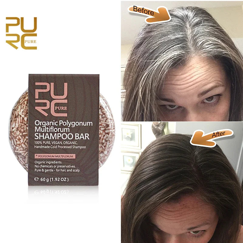PURC-Shampoing en Polygonum pour Cheveux Gris et Blanc, Barre de Traitement du Cuir oral elu, au Charbon de Bambou de Regina, Solide, 60g