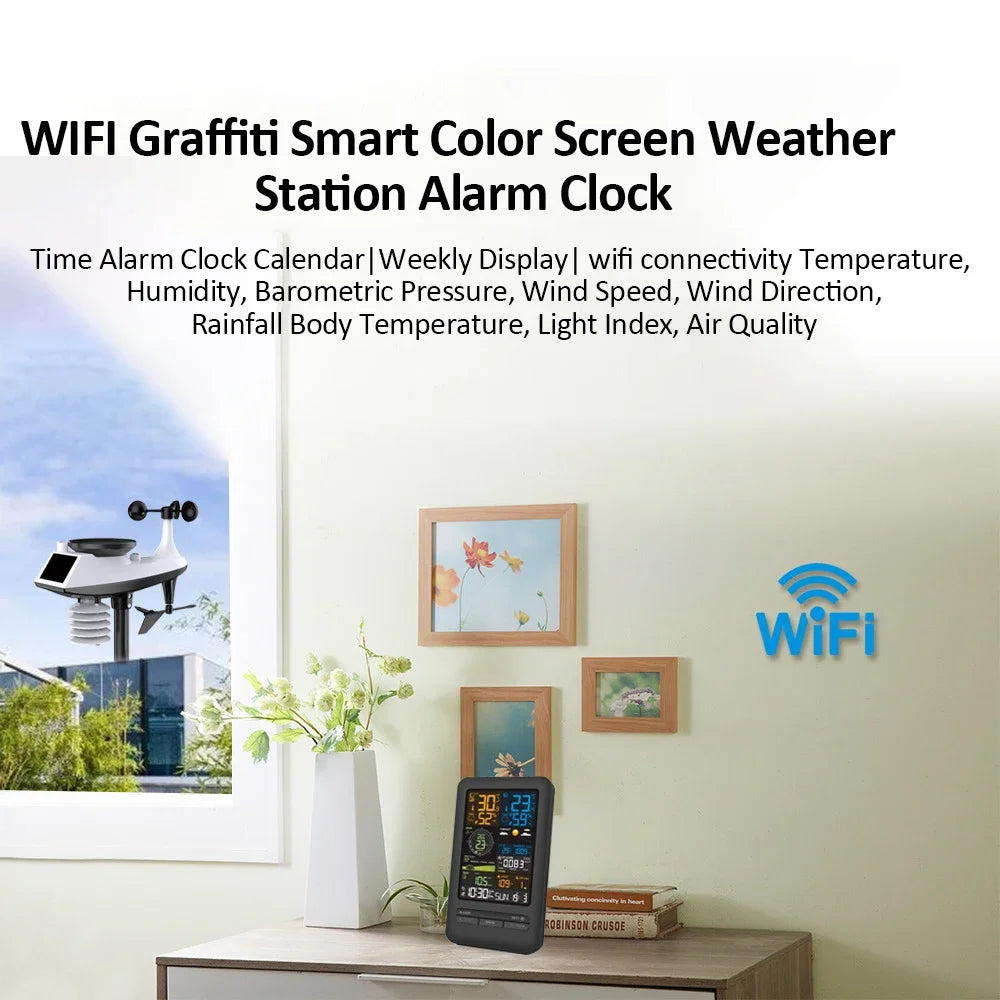 Tuya WiFi Station météo intelligente horloge compteur de température et d'humidité compteur de vitesse et de direction du vent écran couleur horloge numérique