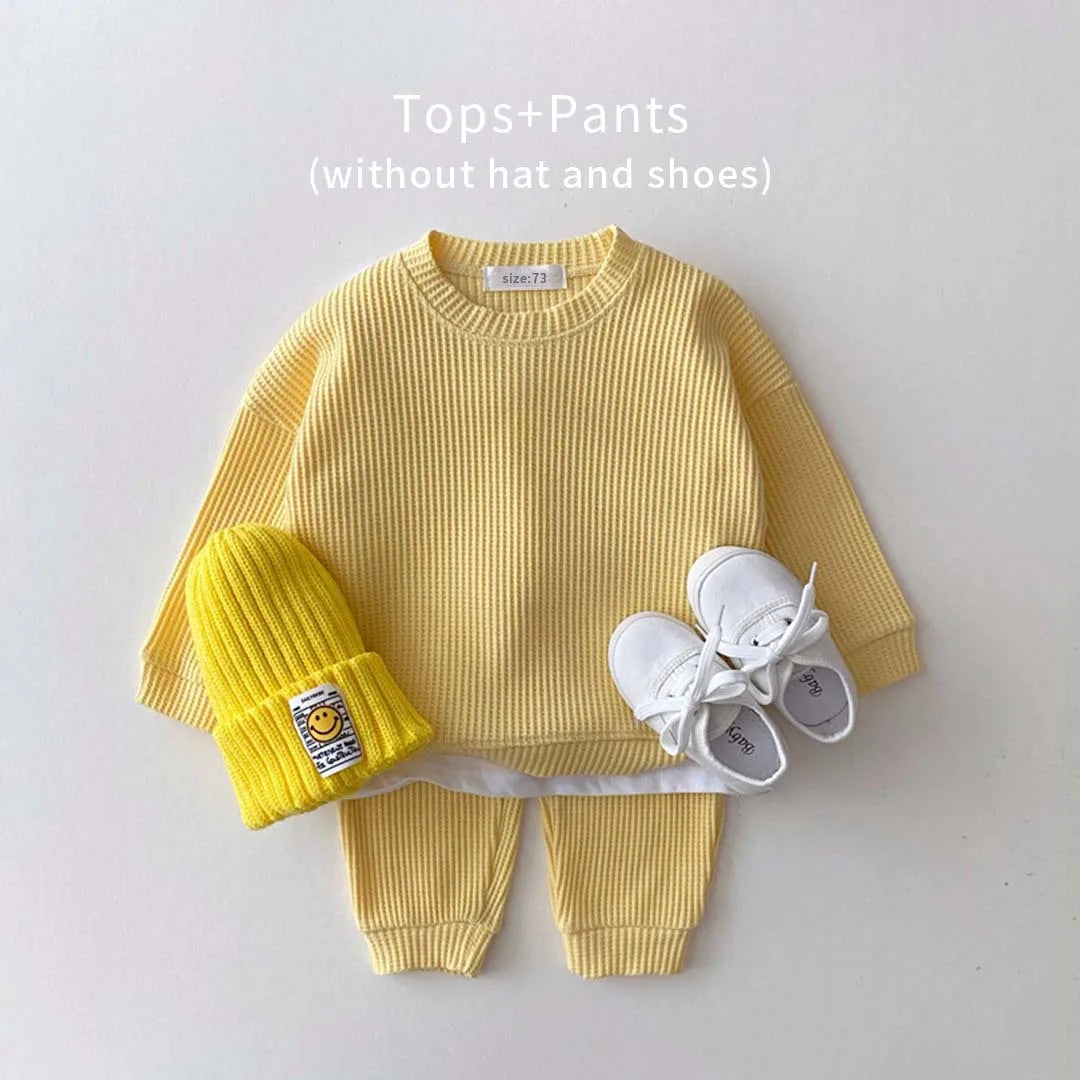 Korean baby boy clothing set, faux two-piece waffle cotton top + pants, 2-piece outfit, 2023