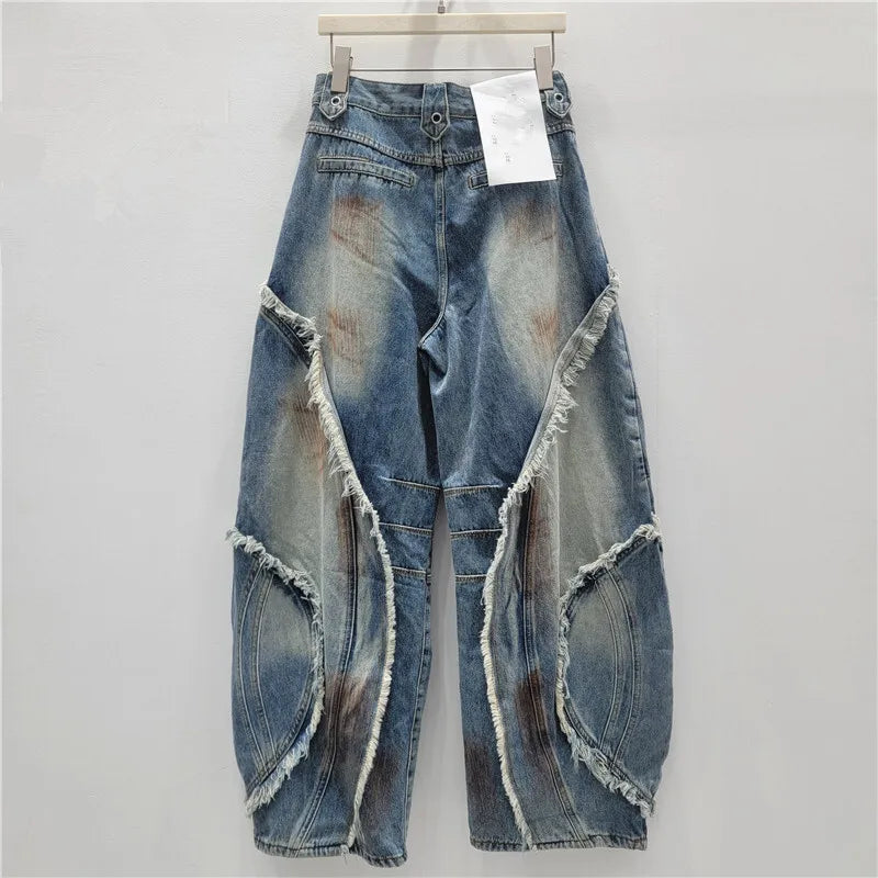 DEAT 2025 Autumn New Fashion Patchwork Burls Cargo Denim Pants for Women High Waist Loose Wide Leg Fashionable Jeans 11A06257