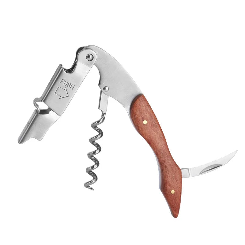 Tire-bouchon de serveur avec manche en bois de poire rouge pour bouteille de bière ou de vin, facile à transporter pour les amateurs de pique-nique, accessoires de cuisine ou Barman