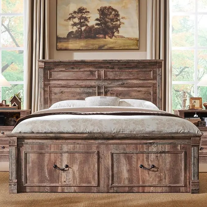 Cadre de lit queen size Farmhouse, avec tête de lit de 51 po de hauteur, cadre de lit en bois avec pied de lit de 20 po de hauteur et 2 grands tiroirs de rangement