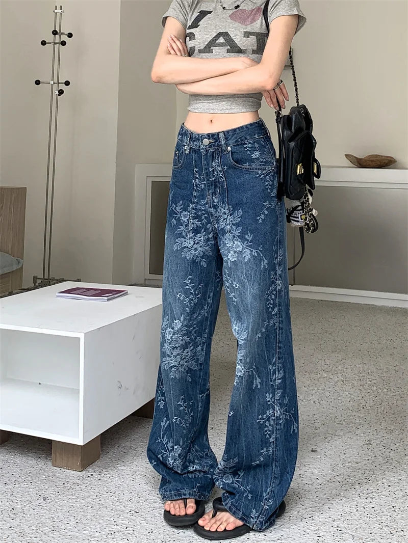 2025 Premium Y2K Jeans - Pantalon Palazzo en Denim vieilli imprimé floral artistique décontracté à jambe droite 2664