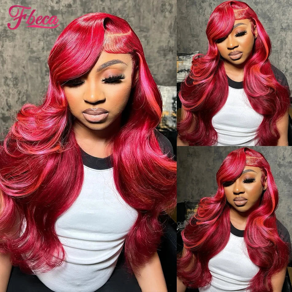 Perruque Lace Frontal Wig Body Wave de couleur rouge, cheveux naturels bordeaux, 13x4, 13x6, pre-plucked, pour femmes