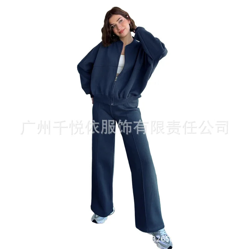Women's two-piece casual set, solid color, sweatshirt, long sleeves, zip-up coat, long pants, pockets, elegant, autumn/winter 2025