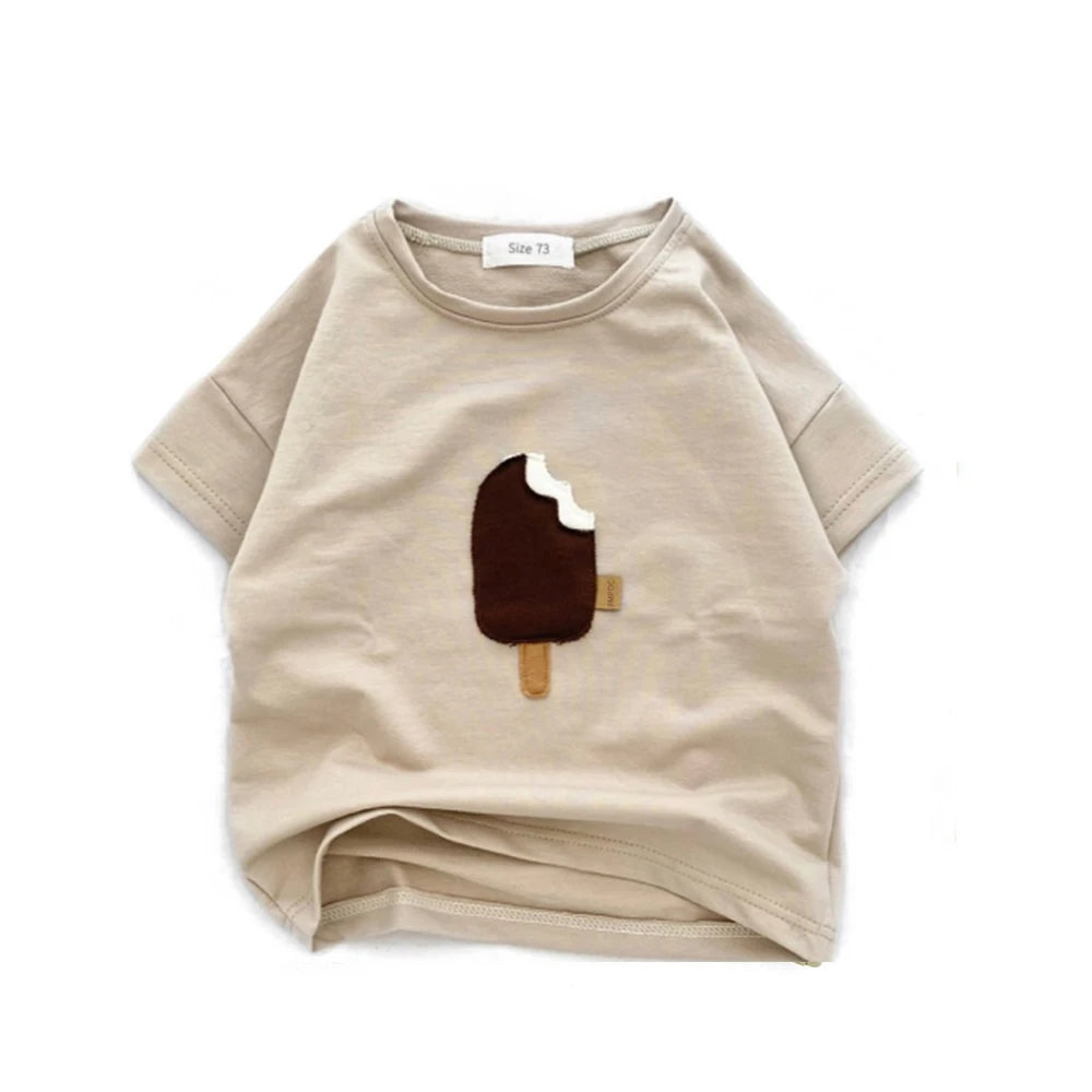 T-shirt à manches courtes en coton pour enfant, vêtement d'été pour bébé garçon et fille, avec impression de crème glacée et dessin animé