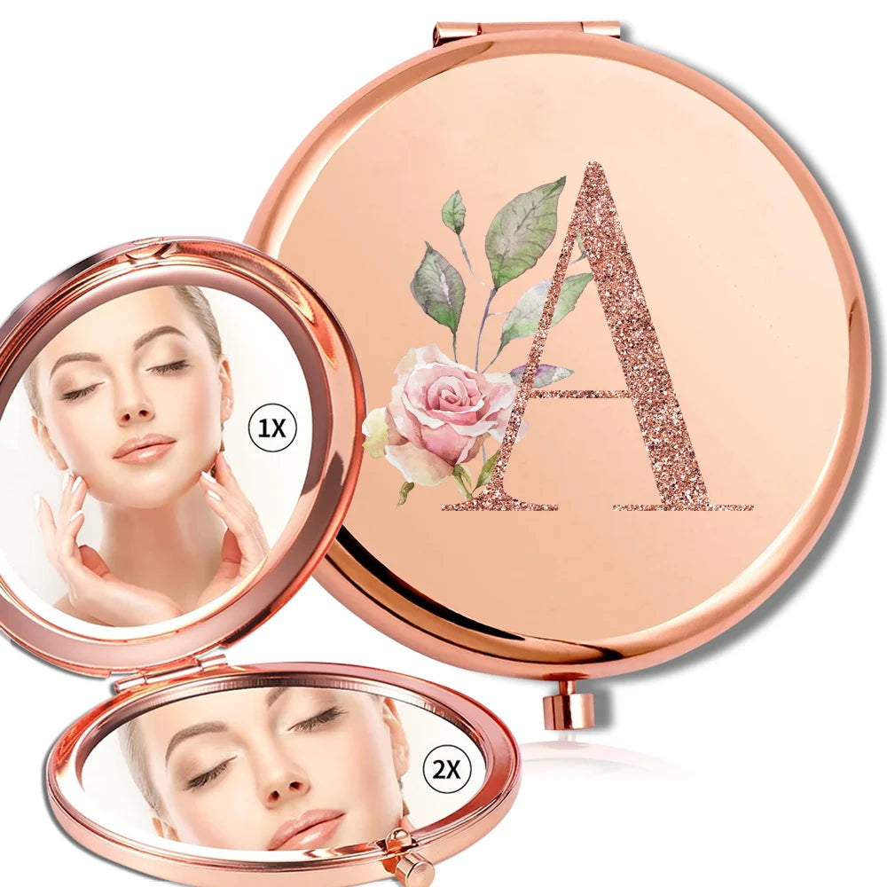 Miroir rond de maquillage grossissant Double face en métal, cosmétique, aspect Portable, verre, Compact, motif de lettres en or Rose