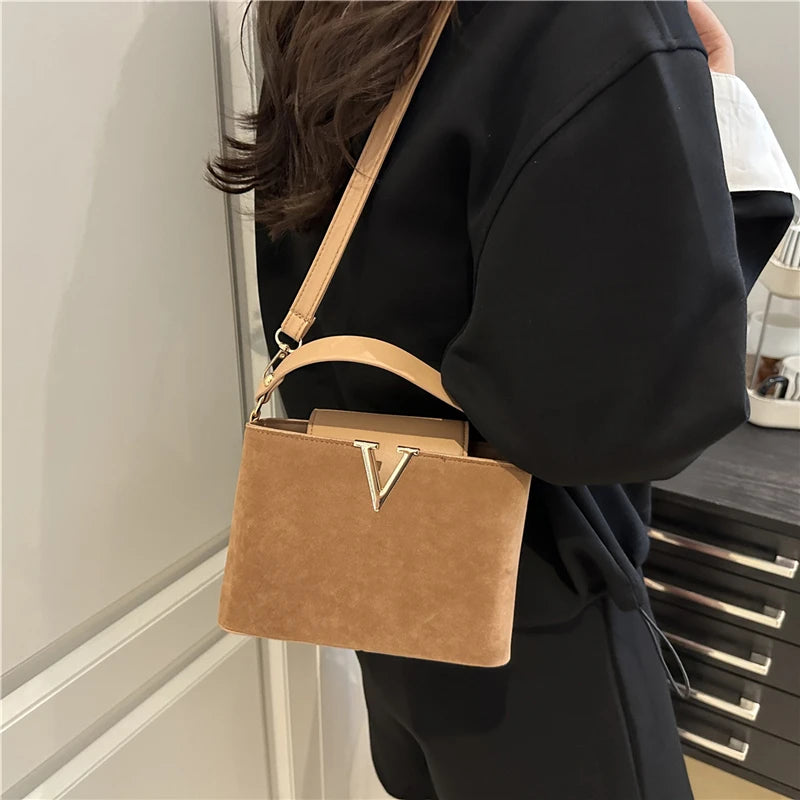 Fashionable mini suede bag for women, faux suede tote bag, decorative handbag with locking buckle, shoulder bags 