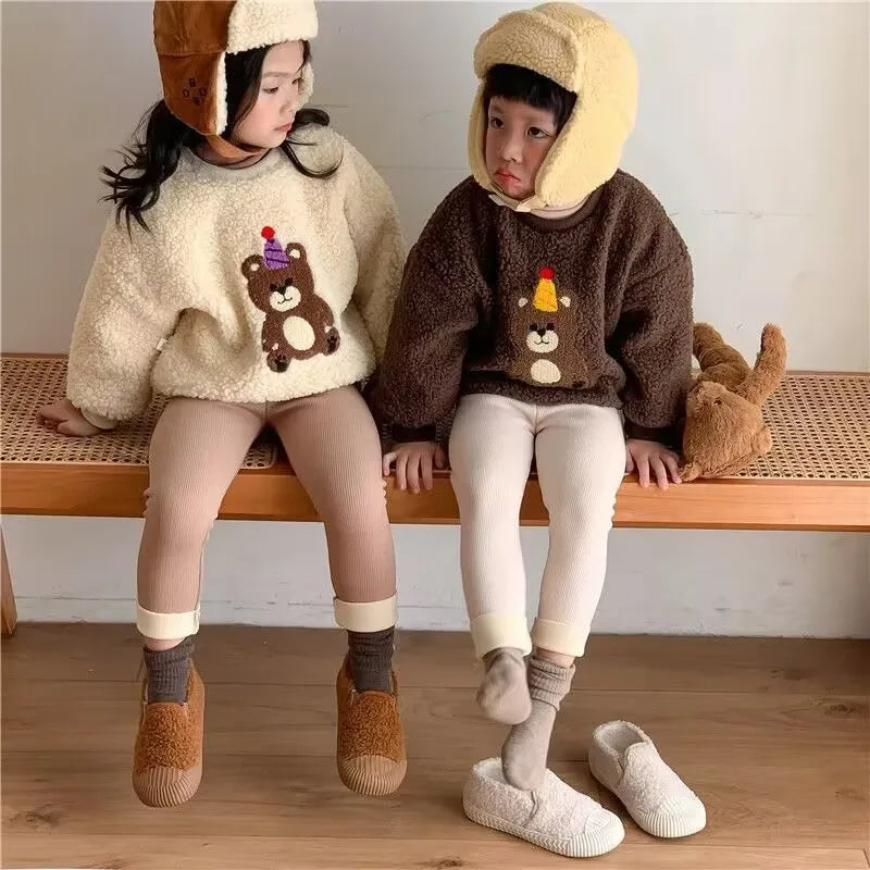 Girls' fleece-lined leggings, warm winter stretch pants with bear patch, soft pants for children aged 1-6 years