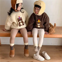 Girls' fleece-lined leggings, warm winter stretch pants with bear patch, soft pants for children aged 1-6 years