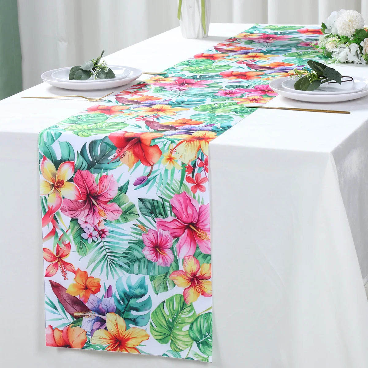 Summer Hawaiian Flower Table Runner, Flamingo Birthday Party Decor for Kids, Aloha Hawaii Tropical Party Supplies, Dining Table Decor