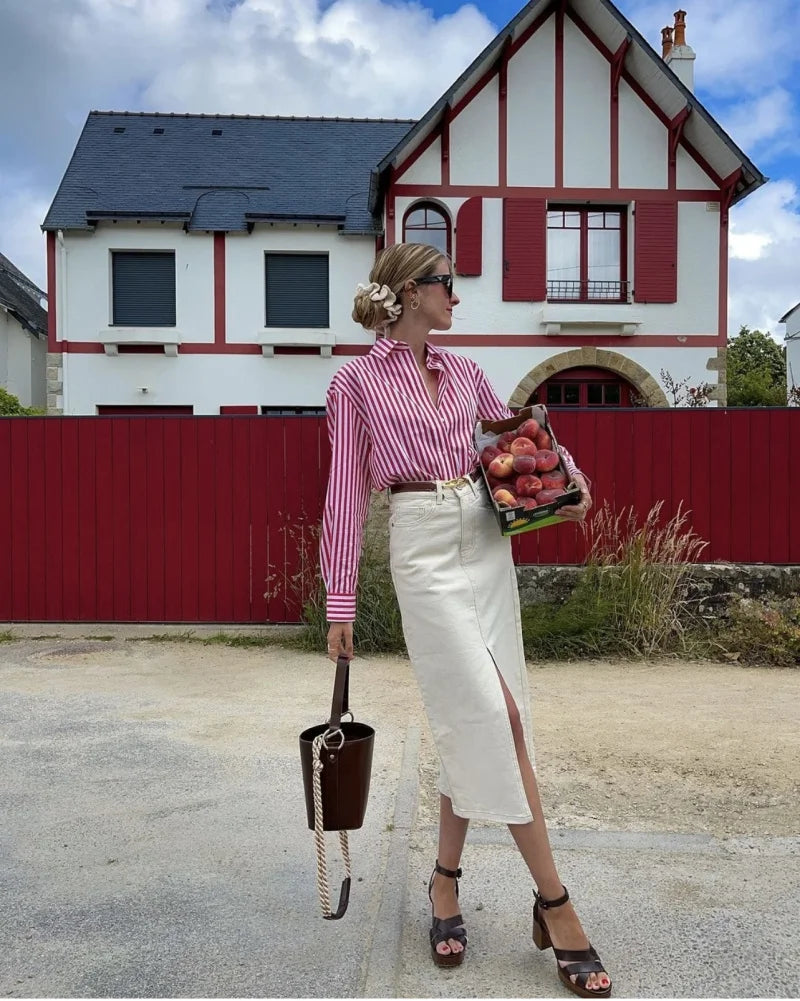 ETJ 2025 femmes printemps nouvelle mode européenne-américaine rayé à manches longues revers version ample popeline chemise sélection multicolore