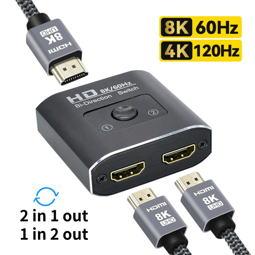 Commutateur HDMI 8K 60Hz, 2 Ports, répartiteur vidéo 2 en 1 sortie pour ordinateur portable Xbox PS3/4/5, boîtier TV pour surveiller l'adaptateur de projecteur TV