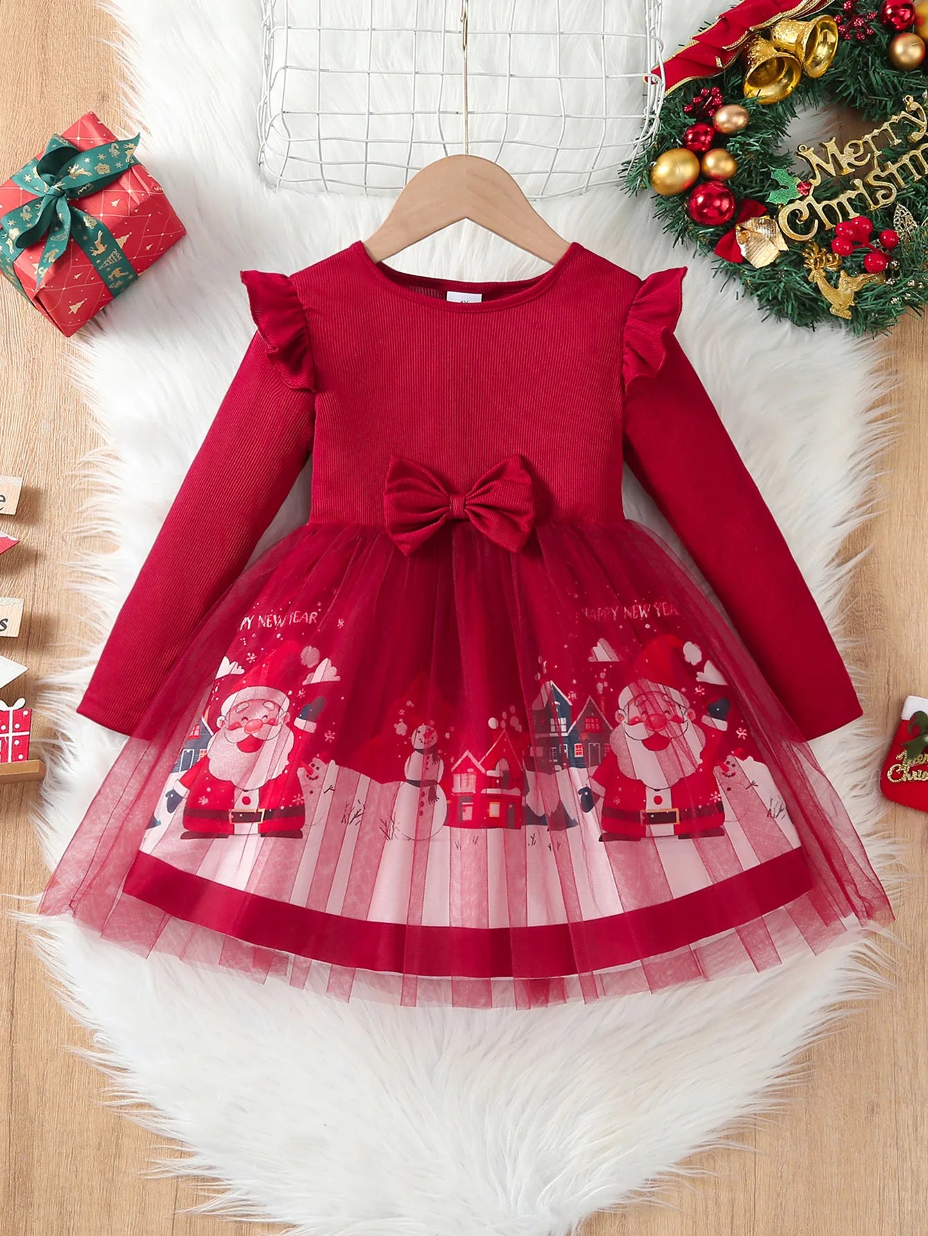 Robe de noël pour filles, tenue de princesse en Tulle à manches longues, imprimé père noël, robe de soirée pour enfants de 4 à 8 ans, automne hiver 2025
