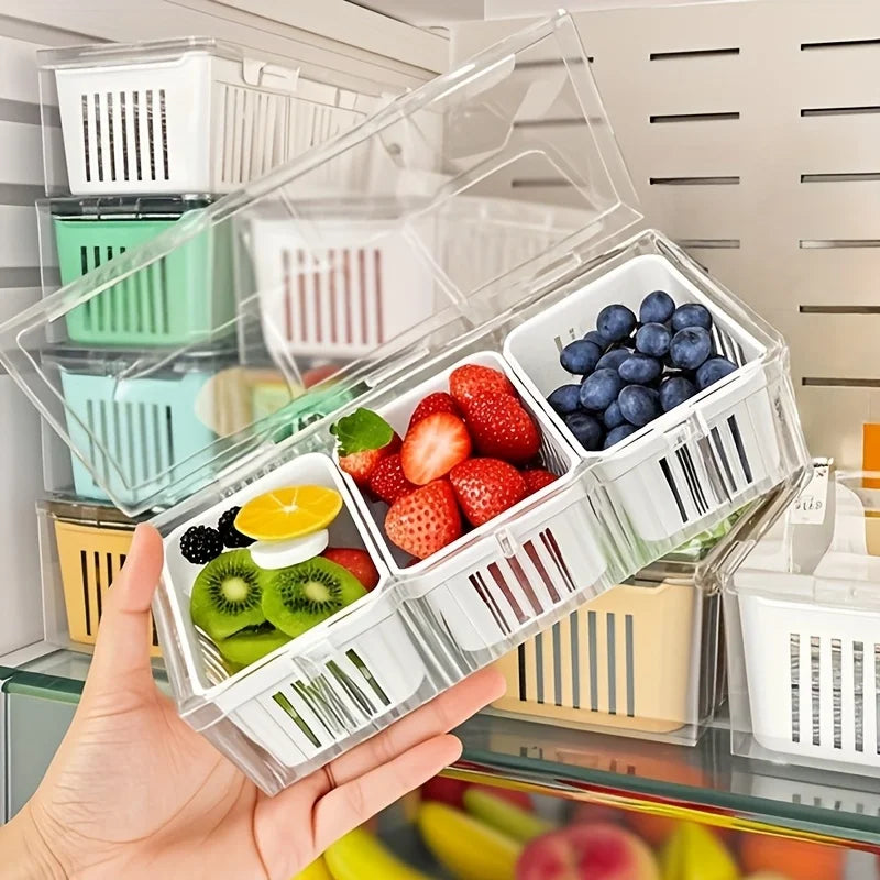 Boîtes de rangement pour réfrigérateur à 3 grilles, organisateur d'ail, oignon, poivre, fruits et légumes, bac à légumes, bac à légumes, conteneurs scellés de cuisine ﻿