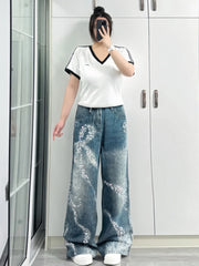 Jean de loisirs imprimé papillon pour fille américaine, grande taille, bleu, polyvalent, mode coréenne, pantalon Long à jambes larges, nouvelle collection été