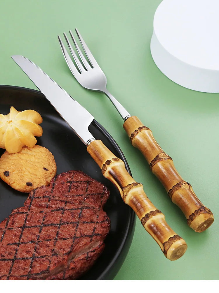 Ensemble de Vaisselle en Bambou et Acier Inoxydable avec Poignée Naturelle, Couverts Rétro, Steak, Opaque, Fourchette, Cuillère, Cadeau de Dessert, 20/30 Pièces