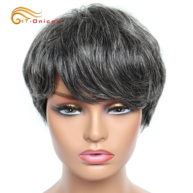 Cheap short human hair wigs, bob pixie cut human hair wig for women, Brazilian hair human hair wig, colored wig with bangs