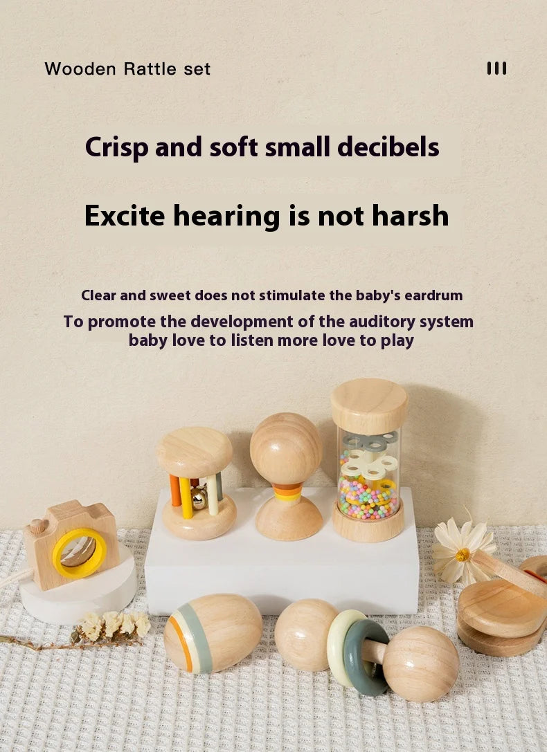 Ensemble de jouets en bois pour nourrissons et tout-petits, jouets d'écoute et de préhension, hochets, barils de pluie, hochets, cadeaux de vacances pour bébé, 7 pièces