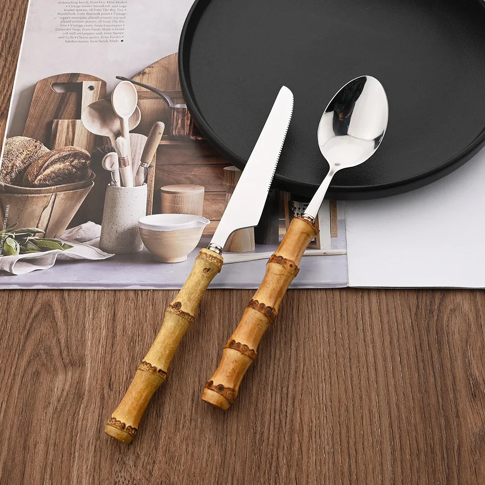 Couverts en acier inoxydable avec manche en bambou naturel, 24 pièces, service de table, couteau à steak