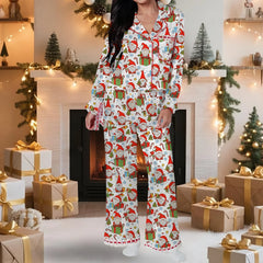 Ensemble pyjama de noël 2 pièces pour femmes, imprimé père noël/arc, dentelle en Satin, à nouer, manches longues, chemises à boutons, pantalons, vêtements de nuit