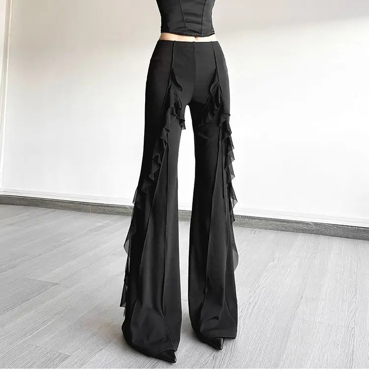 Women's high-waisted bootcut trousers, retro style, ruffled seams, with a sense of design, slimming trousers
