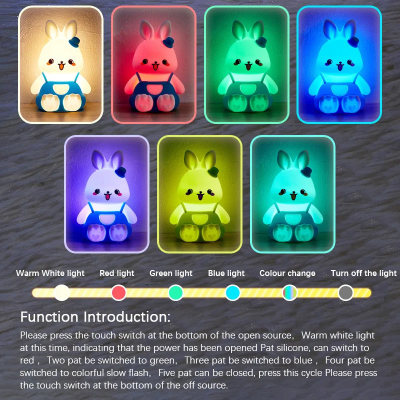 Veilleuses mignonnes pour enfants, 5 couleurs changeantes, lampe LED en forme de lapin en Silicone avec batterie, pour pépinière, enfants, bébé, Camping, décoration de maison
