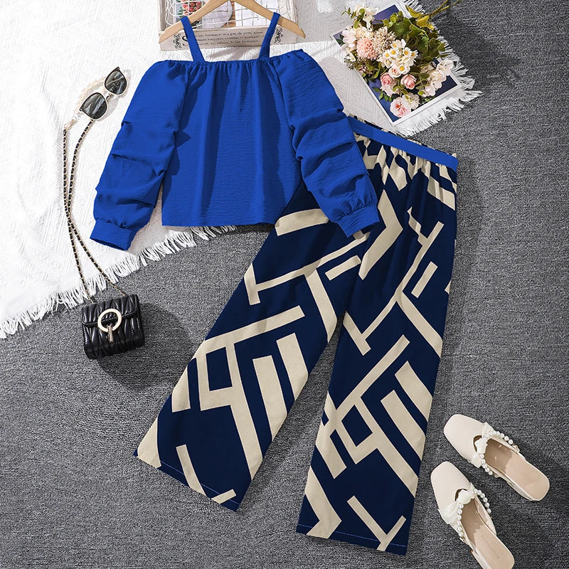 Ensembles de vêtements pour enfants pour filles, kaki, épaules dénudées, haut à manches longues et pantalon imprimé à rayures, costumes pour enfants de Style station d'été OOTD