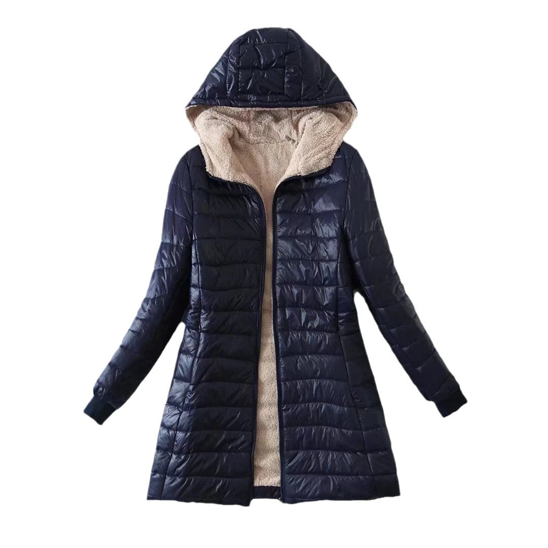 Women's Korean-style mid-length hooded cotton coat, warm lambswool coat and velvet jacket, new autumn and winter 2023 collection