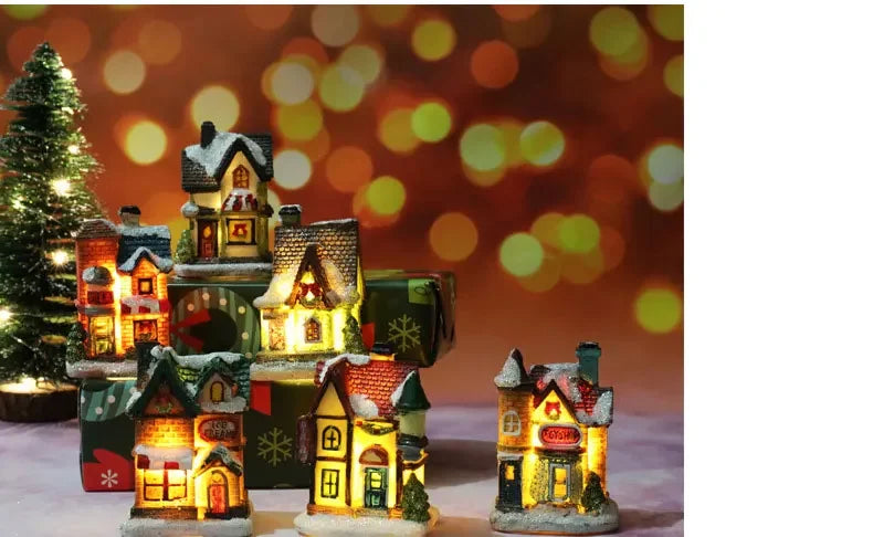 Christmas decoration house LED light durable Christmas ornaments small resin mini house miniature village building for home children gift