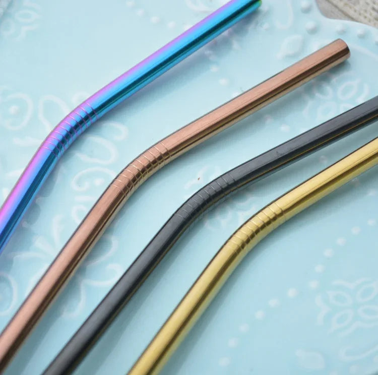 Paille à boire réutilisable en acier inoxydable 304, paille métallique droite et courbée avec pochette pour brosse de nettoyage, vente en gros